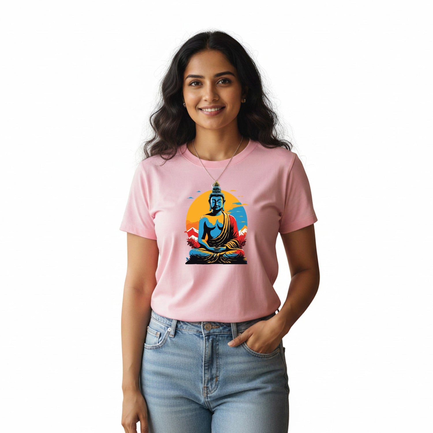 Women’s Graphic Print Round Neck T-Shirt- Buddha (170 GSM single jersey)