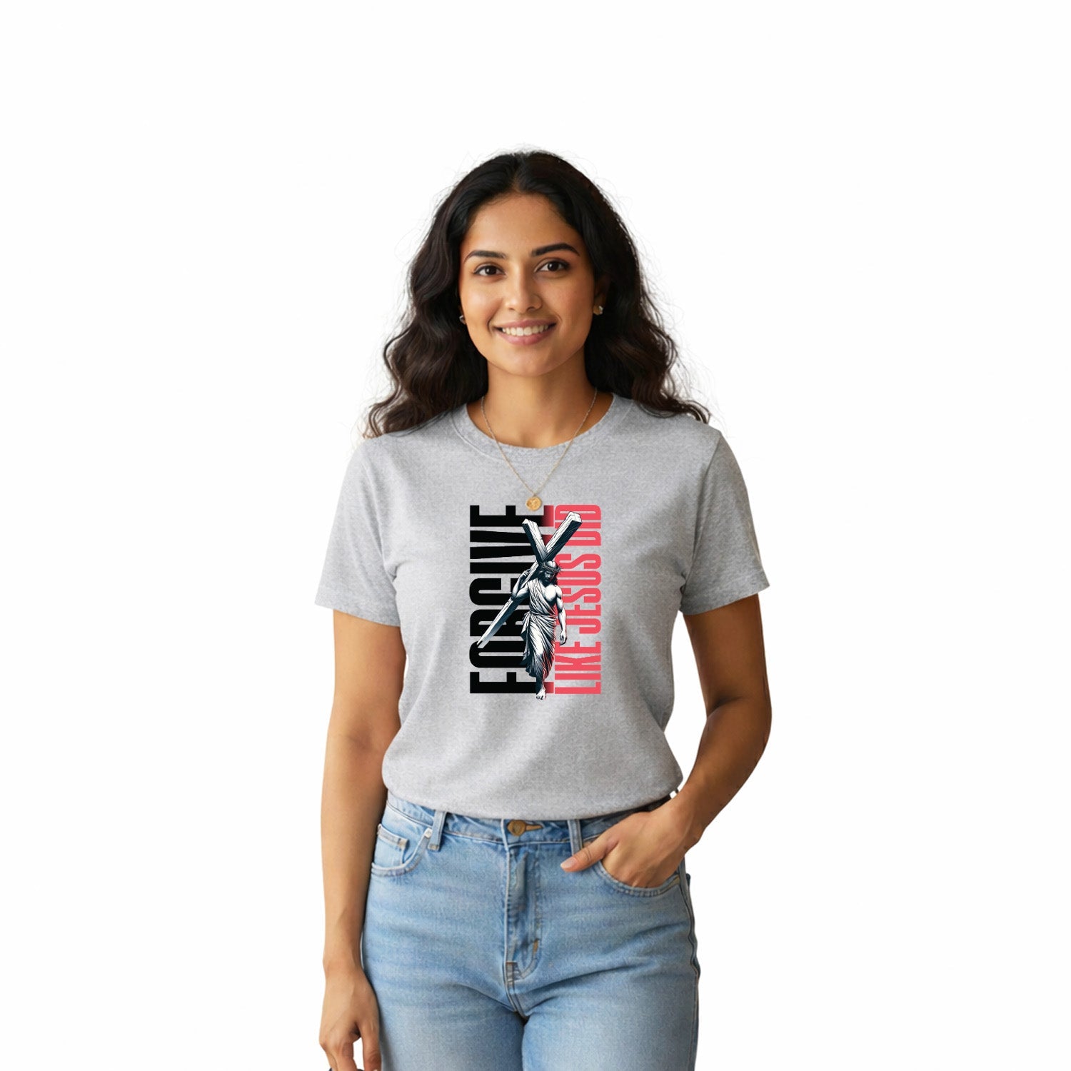 Women’s Graphic Print Round Neck T-Shirt-Jesus(170 GSM single jersey)