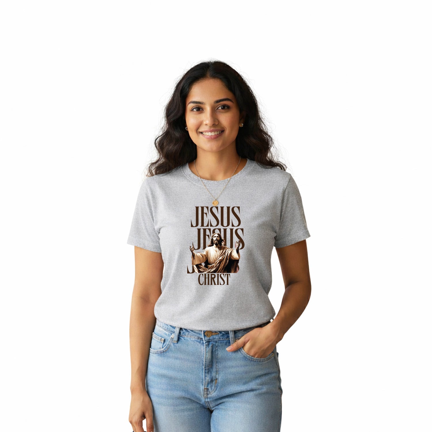 Women’s Graphic Print Round Neck T-Shirt-Jesus(170 GSM single jersey)