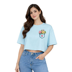 Women’s Oversized Half Sleeve Crop Top - Flower Pocket (220 GSM Interlock Fabric)