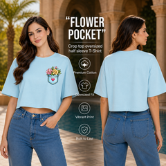 Women’s Oversized Half Sleeve Crop Top - Flower Pocket (220 GSM Interlock Fabric)