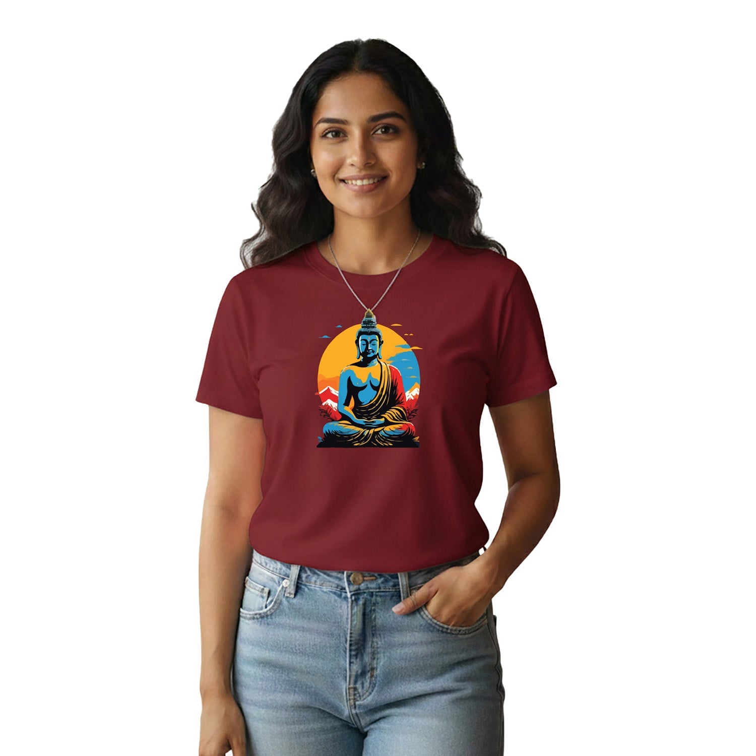 Women’s Graphic Print Round Neck T-Shirt- Buddha (170 GSM single jersey)