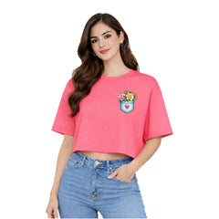 Women’s Oversized Half Sleeve Crop Top - Flower Pocket (220 GSM Interlock Fabric)