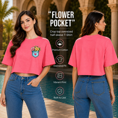 Women’s Oversized Half Sleeve Crop Top - Flower Pocket (220 GSM Interlock Fabric)