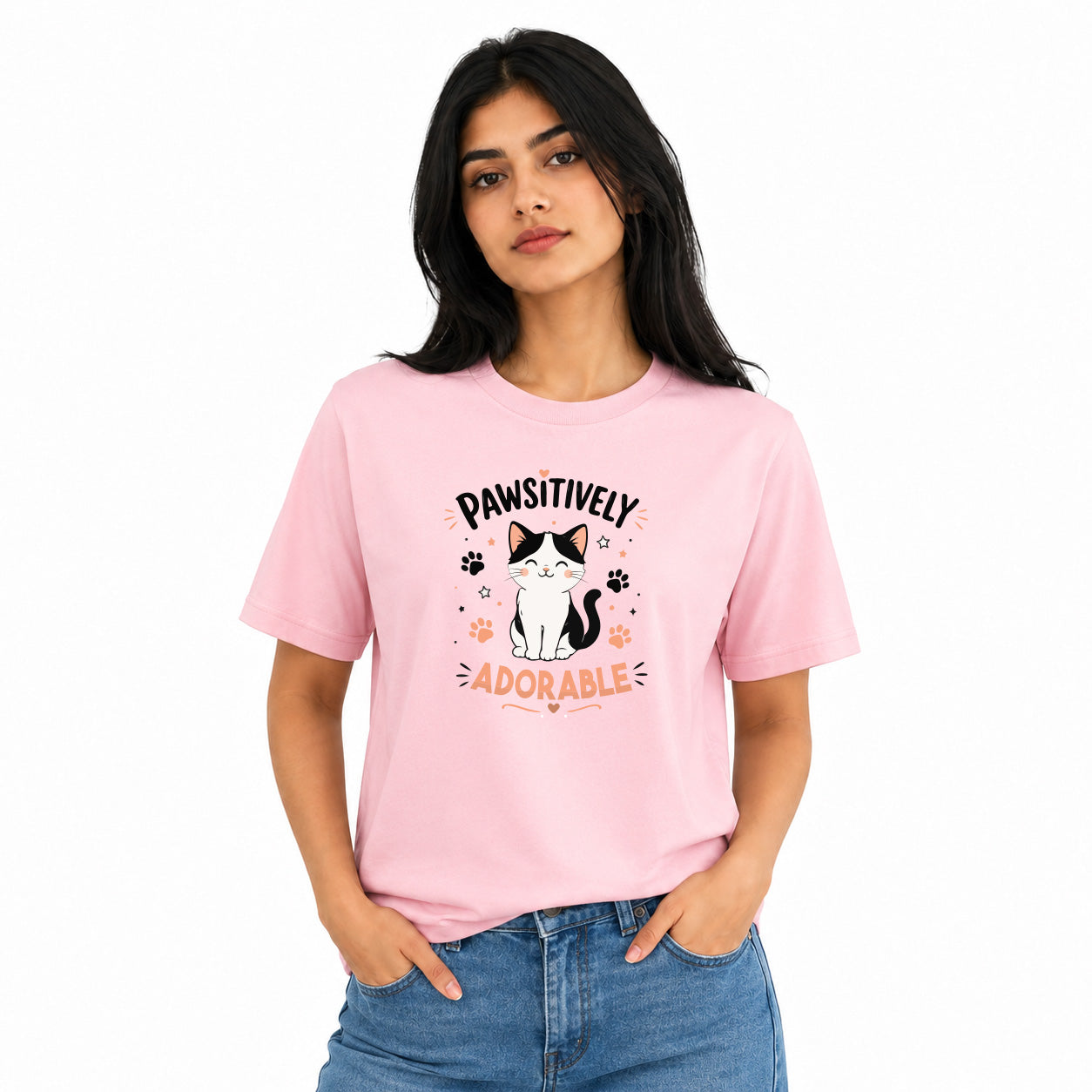 Cat Lover's Round Neck T-Shirts For Women - Pawsitively - (170 GSM) single jersey