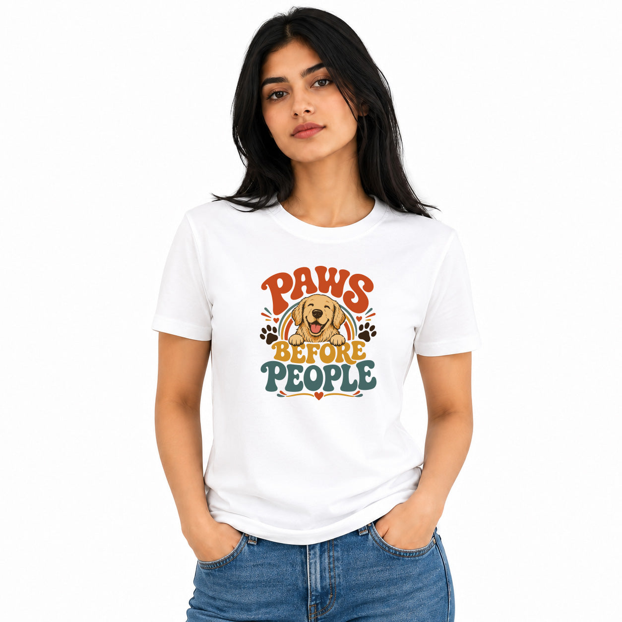Dog Lover's Round Neck T-Shirts For Women - Happy Paws - (170 GSM) single jersey
