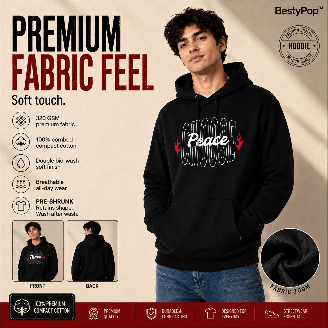 Men’s Graphic Print Hoodie - Choose Peace (320 GSM)