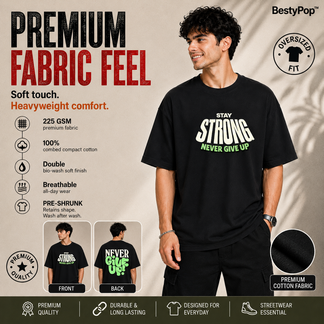 Men’s Oversized T-Shirt - Never Give Up (225 GSM heavyweight fabric)