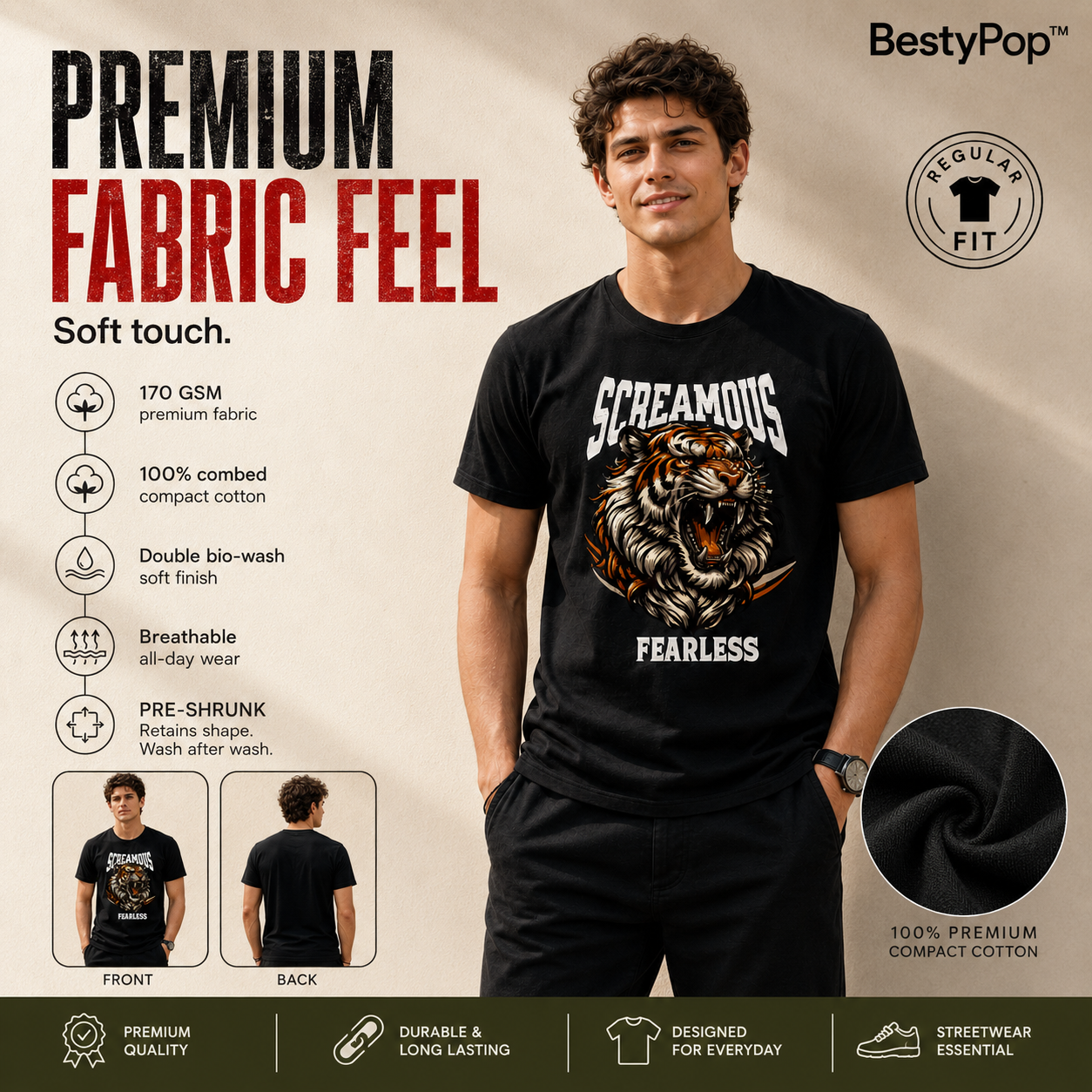 Men's Crew Neck t-shirt - Fearless (170 GSM single jersey)