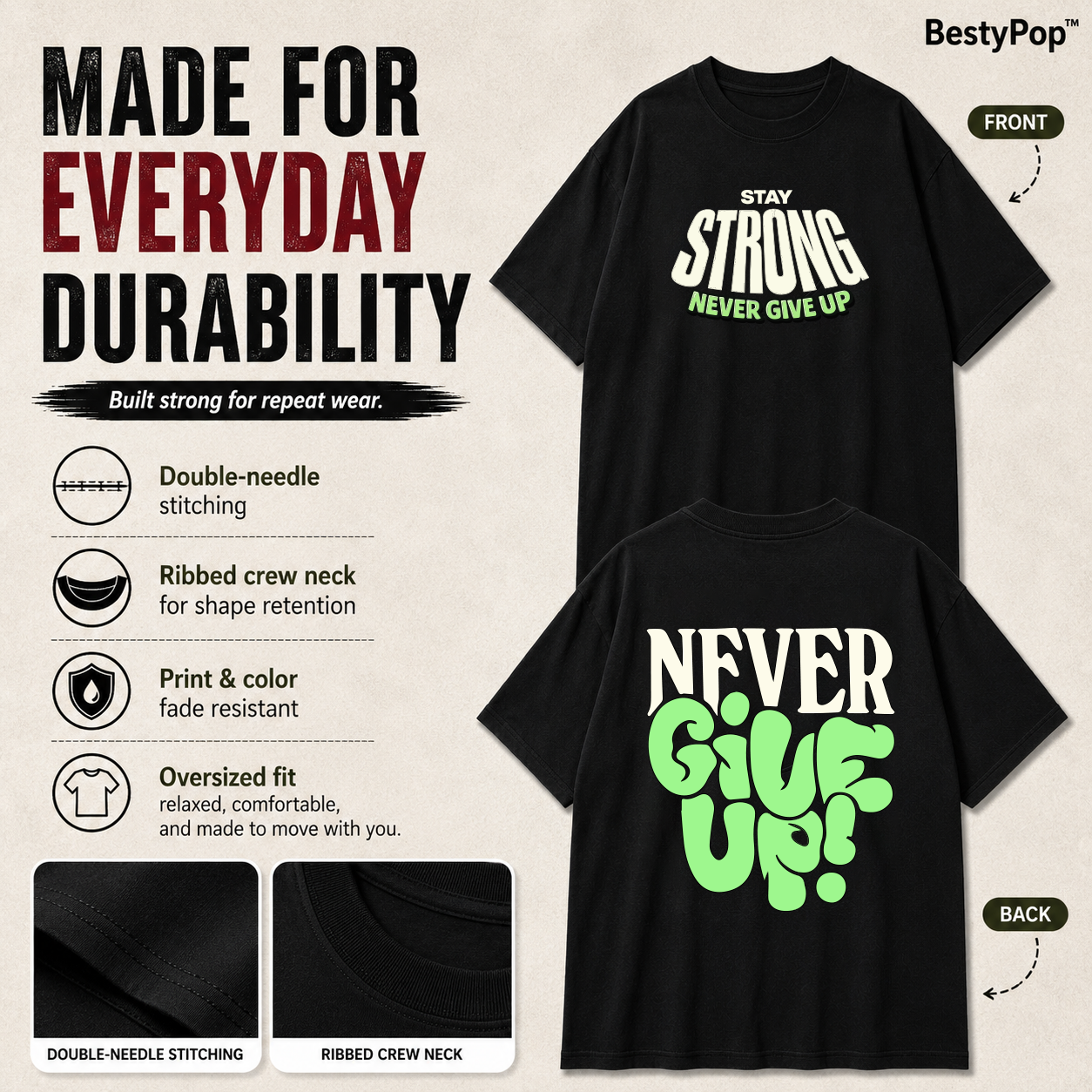 Men’s Oversized T-Shirt - Never Give Up (225 GSM heavyweight fabric)