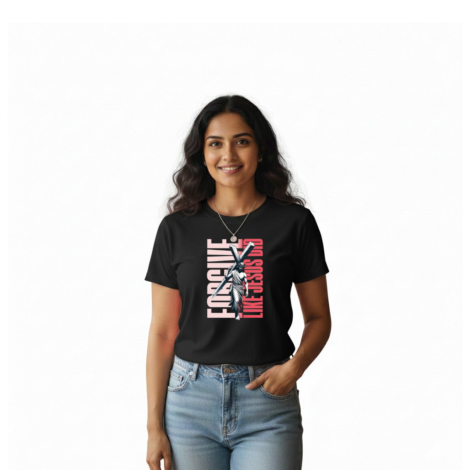 Women’s Graphic Print Round Neck T-Shirt-Jesus(170 GSM single jersey)