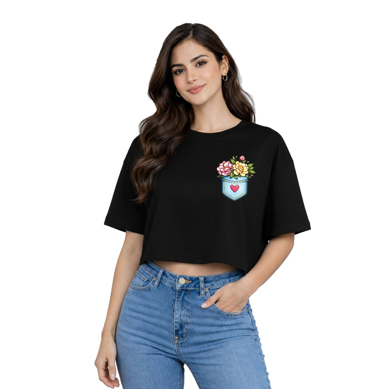 Women’s Oversized Half Sleeve Crop Top - Flower Pocket (220 GSM Interlock Fabric)