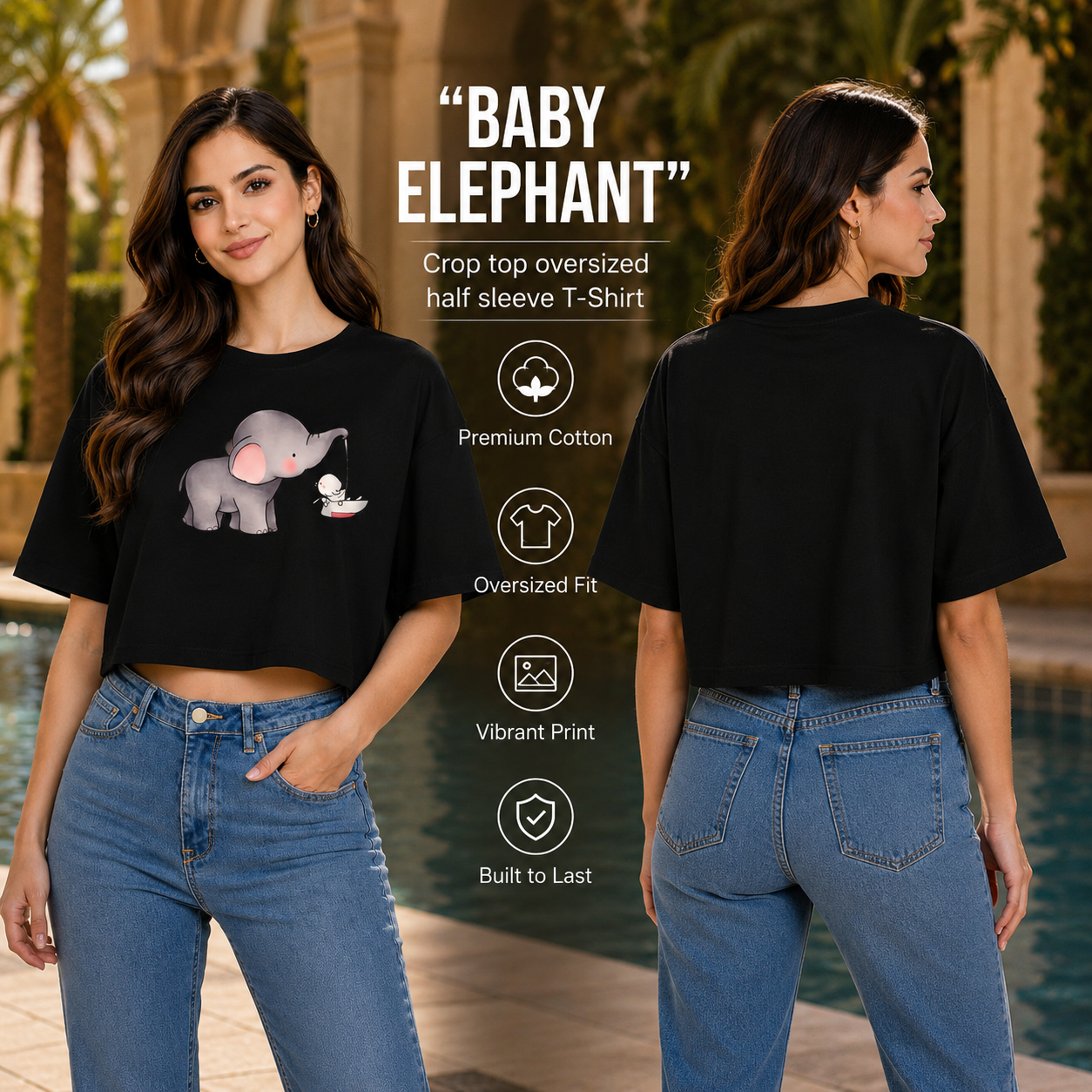 Women’s Oversized Half Sleeve Crop Top - Elephant (220 GSM Interlock Fabric)