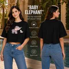 Women’s Oversized Half Sleeve Crop Top - Elephant (220 GSM Interlock Fabric)
