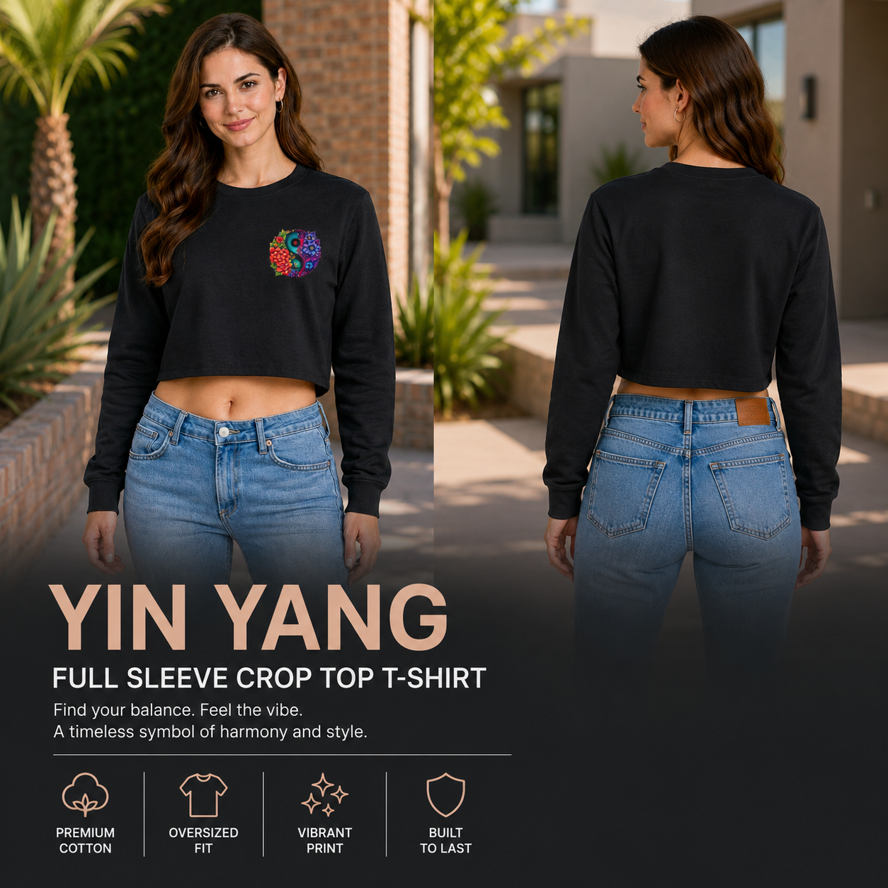 Women’s Oversized full Sleeve Crop Top - yin yang (270 GSM French Terry)