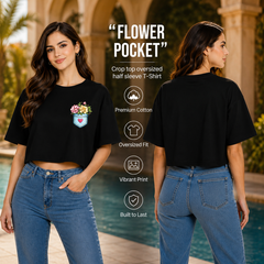 Women’s Oversized Half Sleeve Crop Top - Flower Pocket (220 GSM Interlock Fabric)