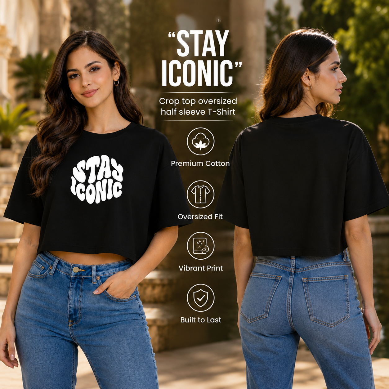 Women’s Oversized Half Sleeve Crop Top - Stay Iconic (220 GSM Interlock Fabric)