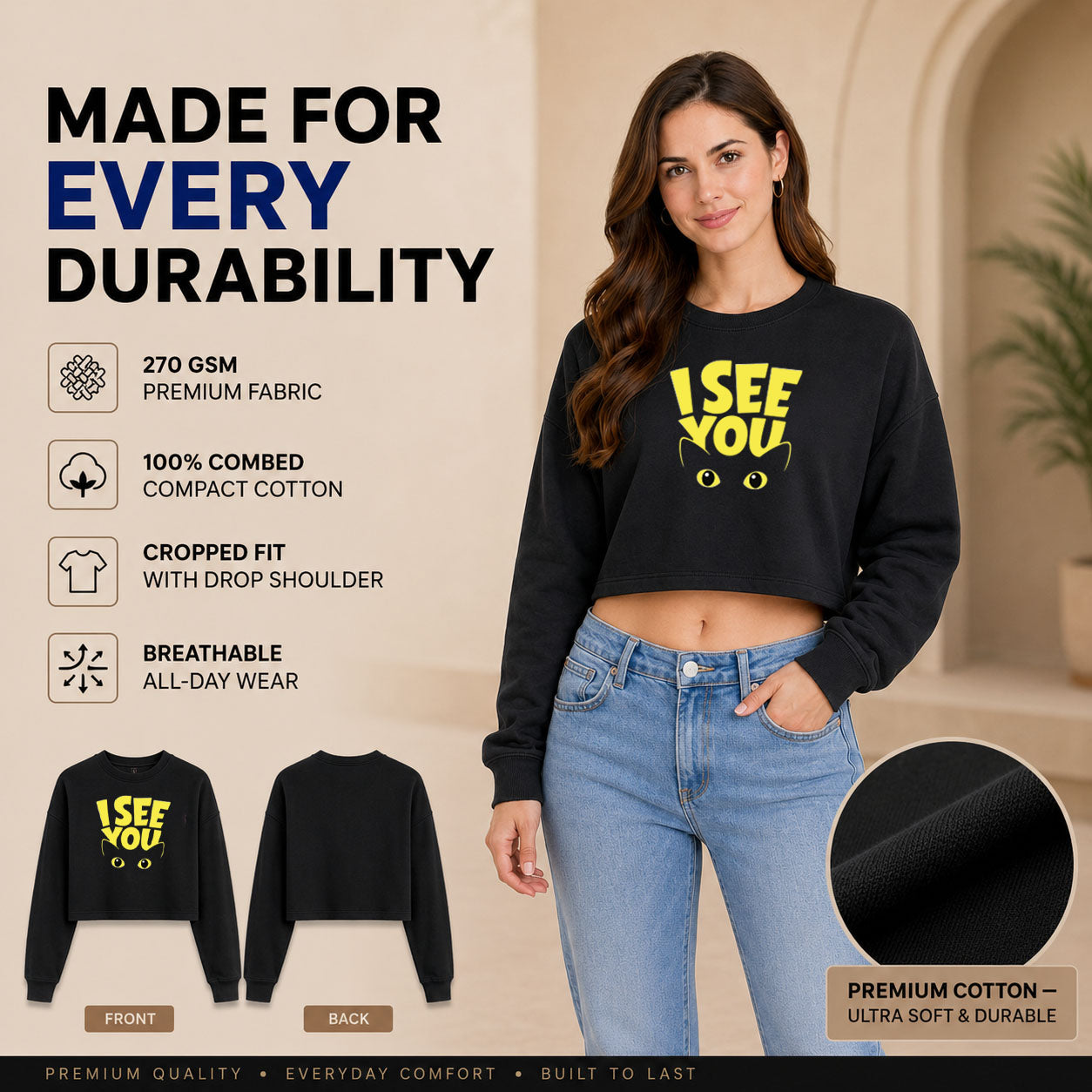 Women’s Oversized full Sleeve Crop Top - I see you (270 GSM French Terry)