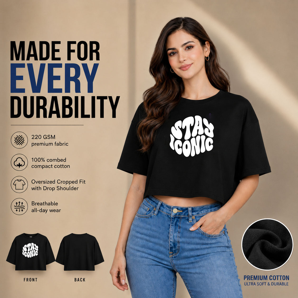 Women’s Oversized Half Sleeve Crop Top - Stay Iconic (220 GSM Interlock Fabric)