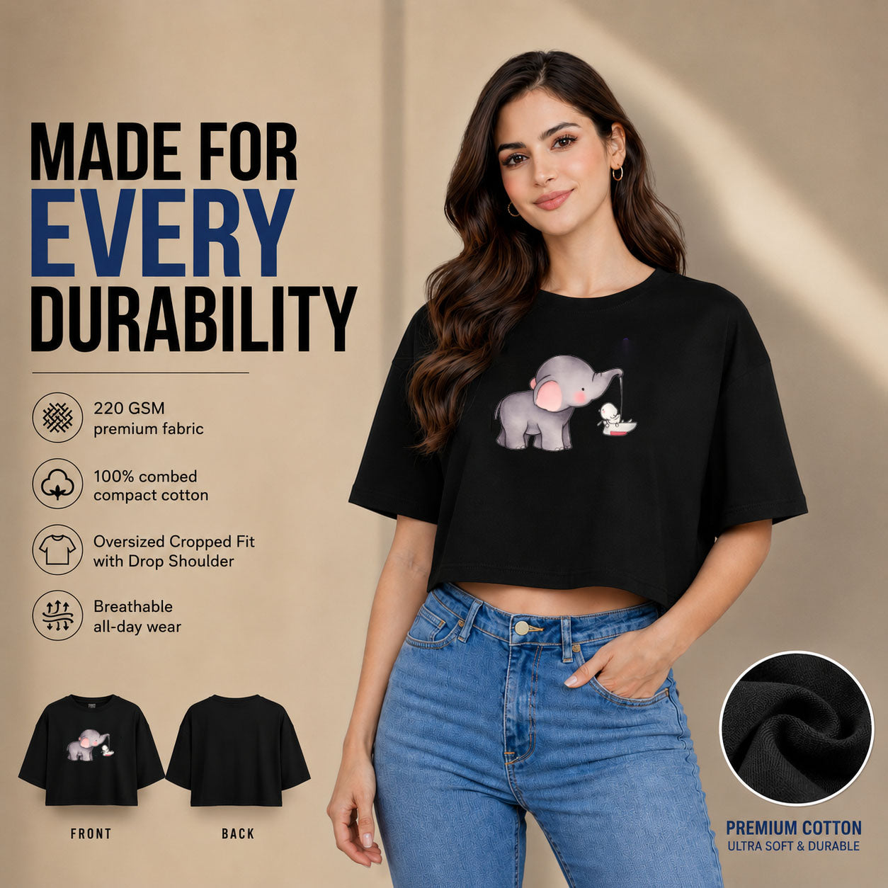 Women’s Oversized Half Sleeve Crop Top - Elephant (220 GSM Interlock Fabric)