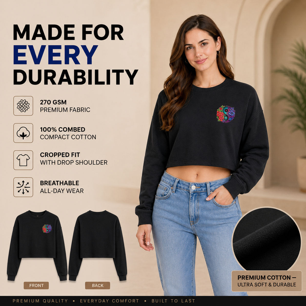 Women’s Oversized full Sleeve Crop Top - yin yang (270 GSM French Terry)