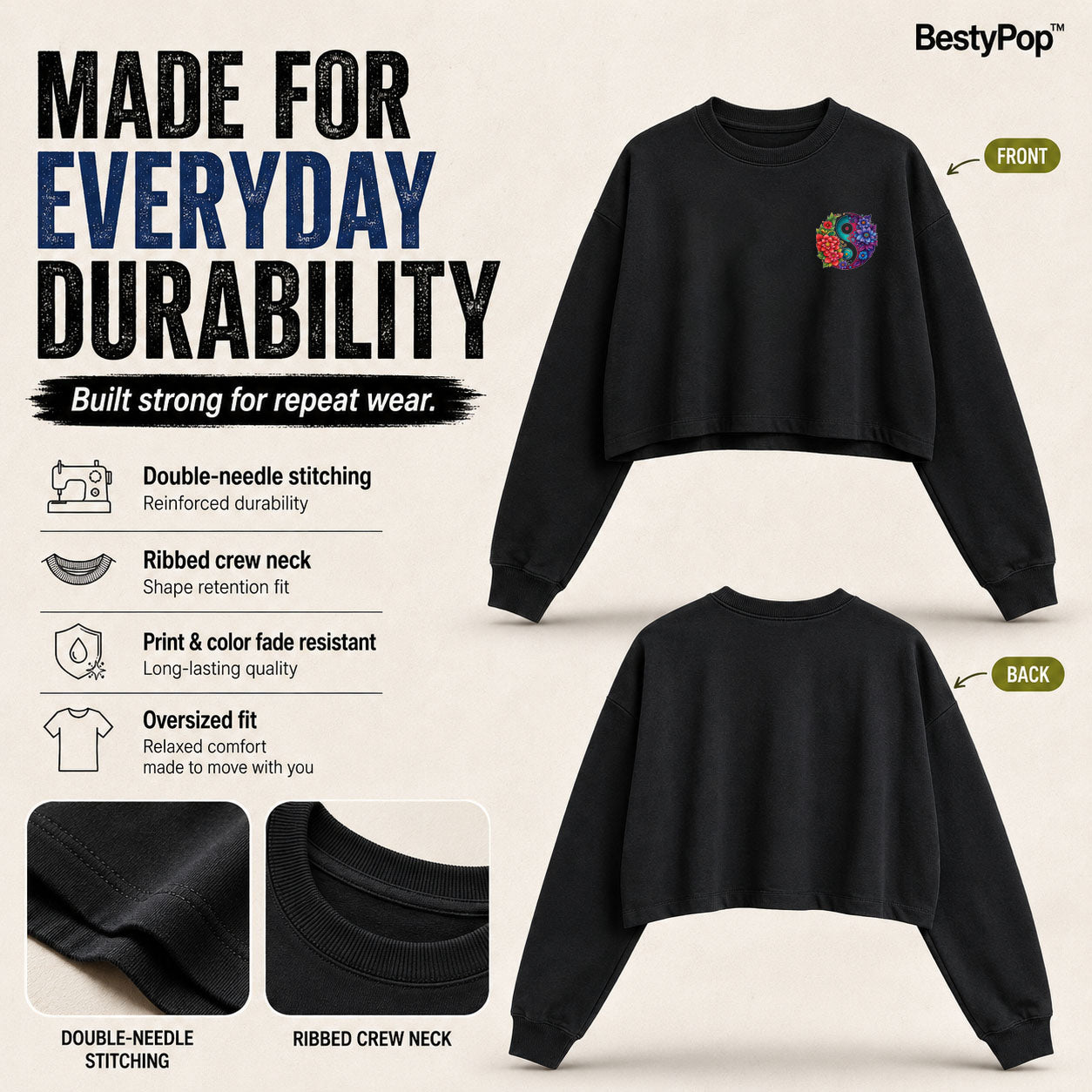 Women’s Oversized full Sleeve Crop Top - yin yang (270 GSM French Terry)