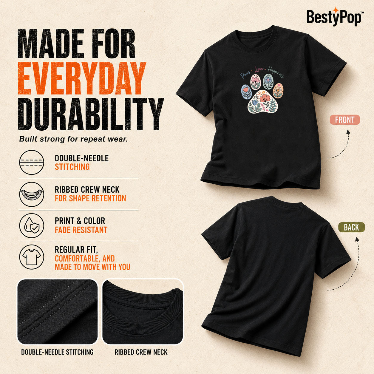 Dog Lover's Round Neck T-Shirts For Women - Paws Love Happiness - (170 GSM) single jersey