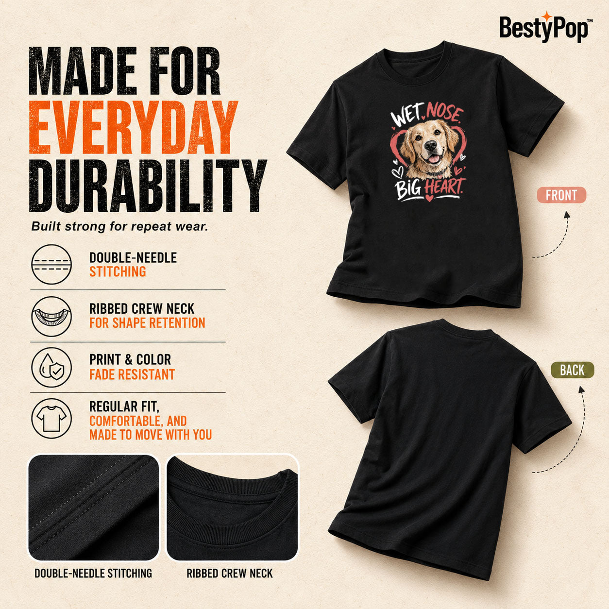 Dog Lover's Round Neck T-Shirts For Women - Big Heart - (170 GSM) single jersey