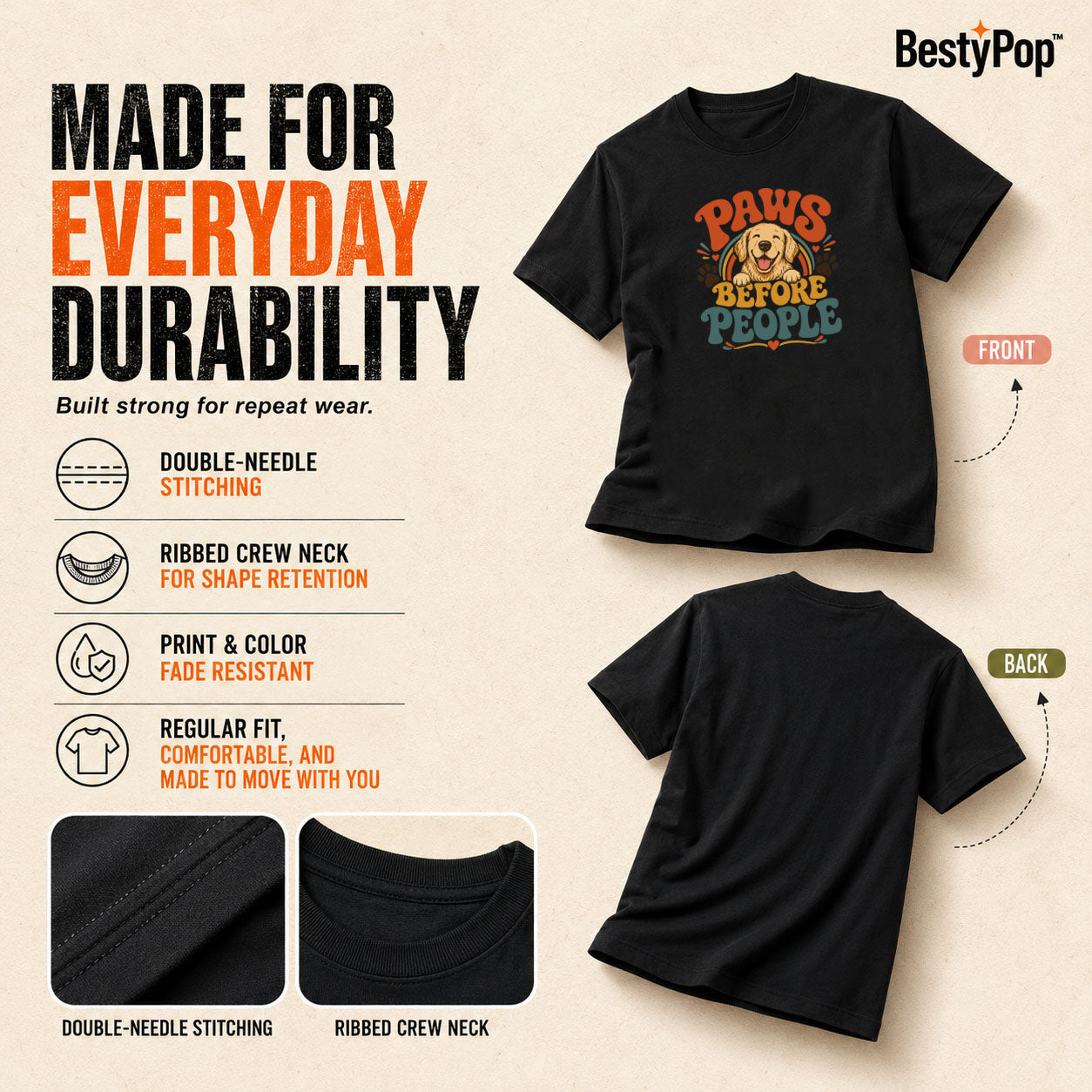 Dog Lover's Round Neck T-Shirts For Women - Happy Paws - (170 GSM) single jersey