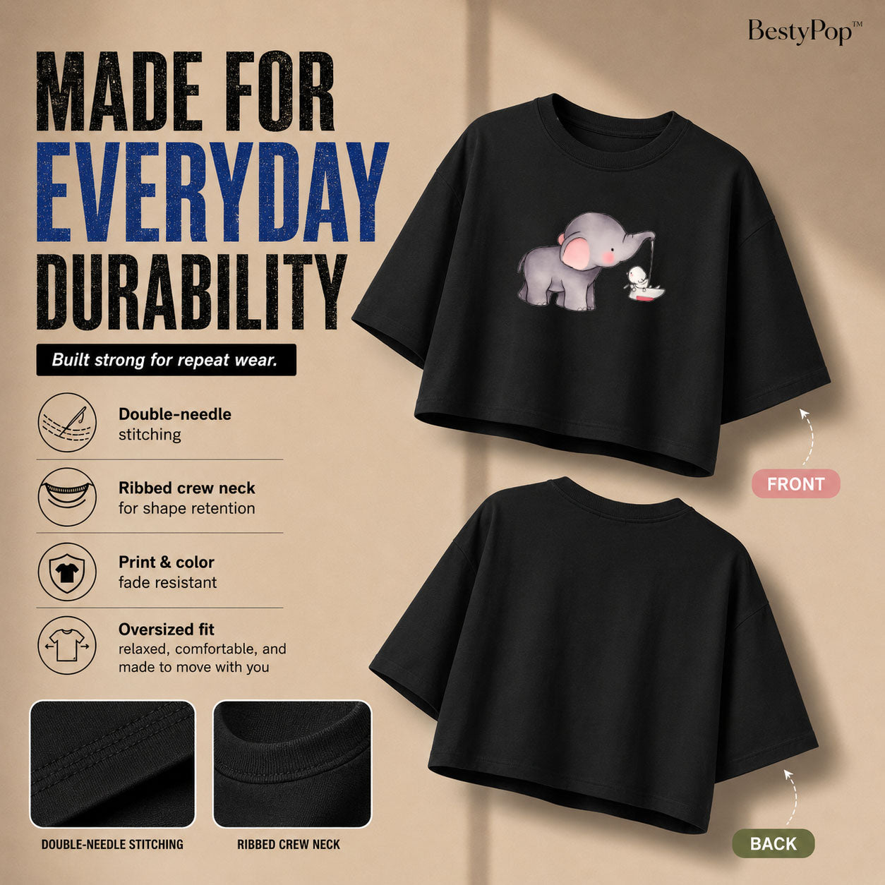 Women’s Oversized Half Sleeve Crop Top - Elephant (220 GSM Interlock Fabric)