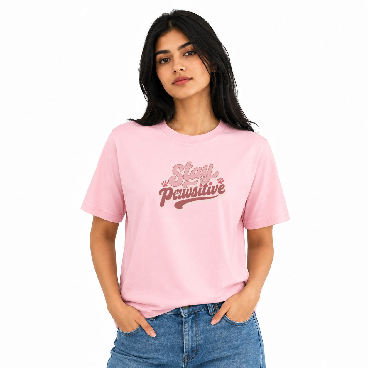 Dog Lover's Round Neck T-Shirts For Women - Stay Pawsitive - (170 GSM) single jersey