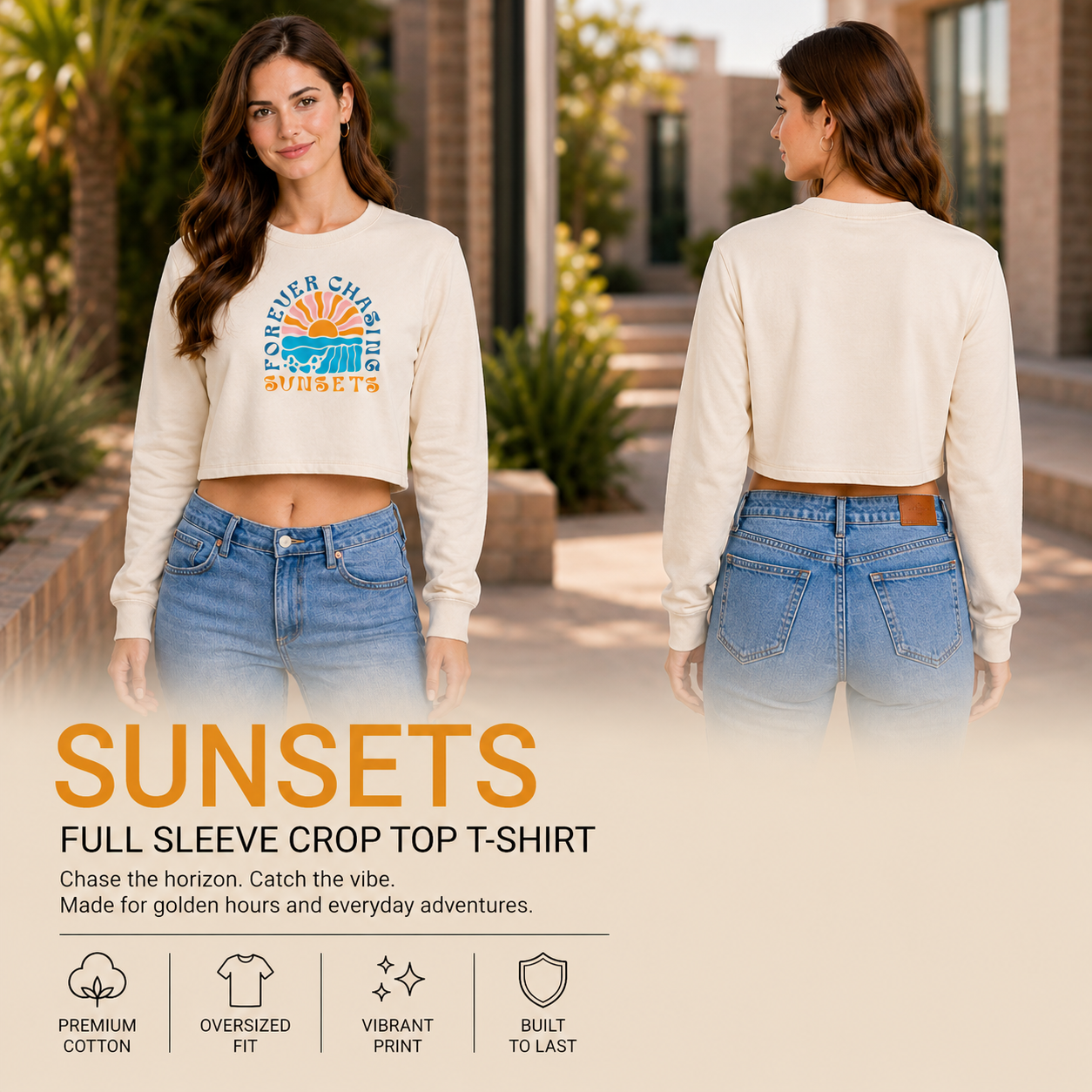 Women’s Oversized Full Sleeve Crop Top - Sunsets (270 GSM French Terry)