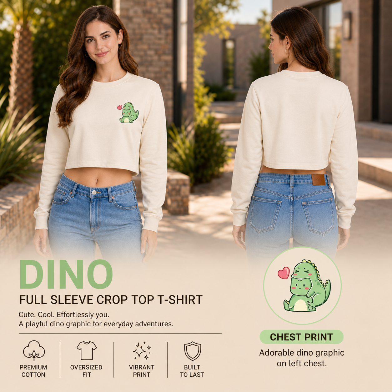 Women’s Oversized full Sleeve Crop Top - Dino (270 GSM French Terry)