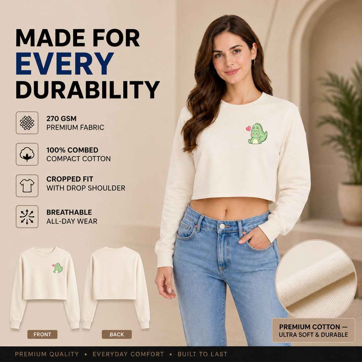 Women’s Oversized full Sleeve Crop Top - Dino (270 GSM French Terry)