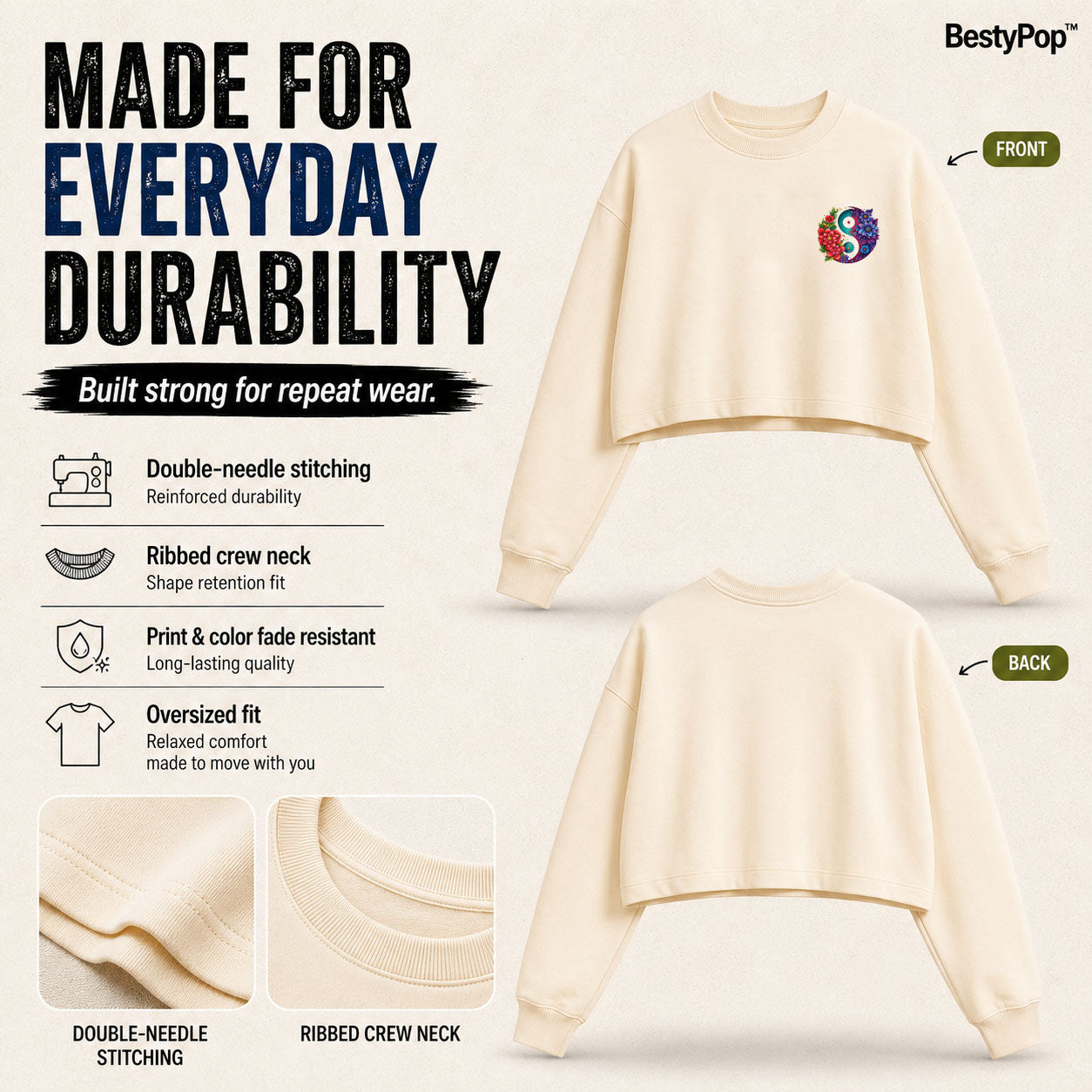 Women’s Oversized full Sleeve Crop Top - yin yang (270 GSM French Terry)