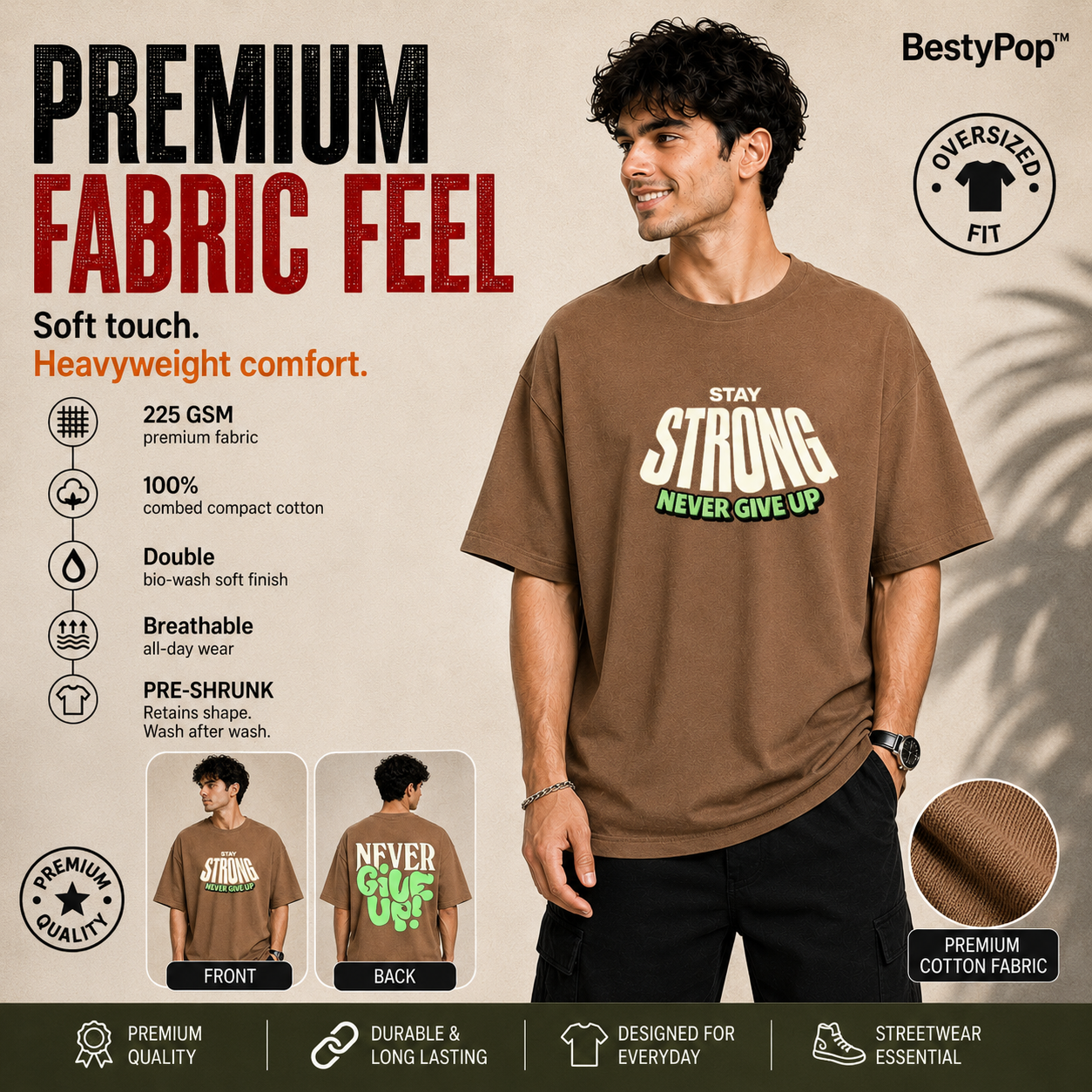 Men’s Oversized T-Shirt - Never Give Up (225 GSM heavyweight fabric)
