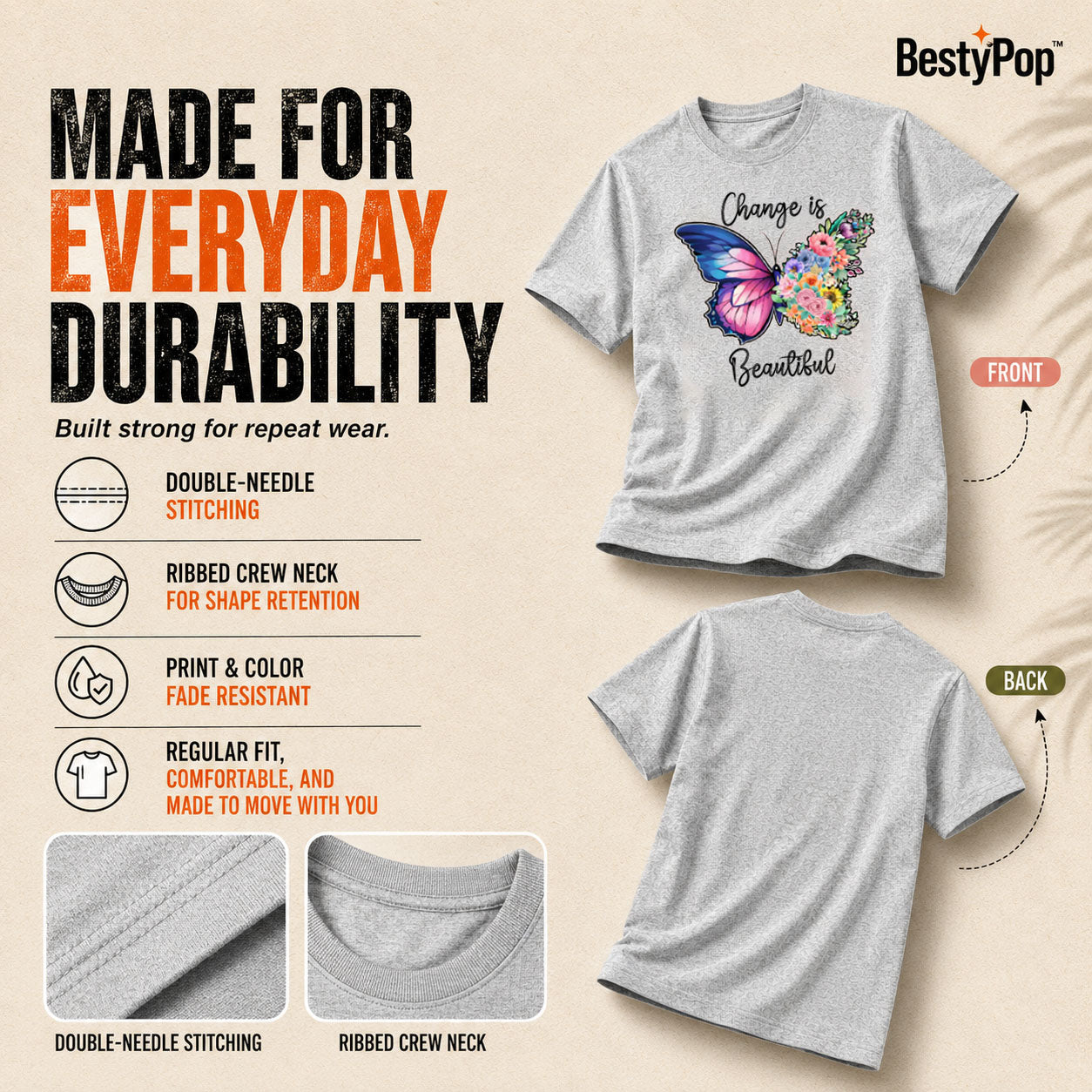 Women's Crew Neck t-shirt - Change is beautiful (170 GSM single jersey)