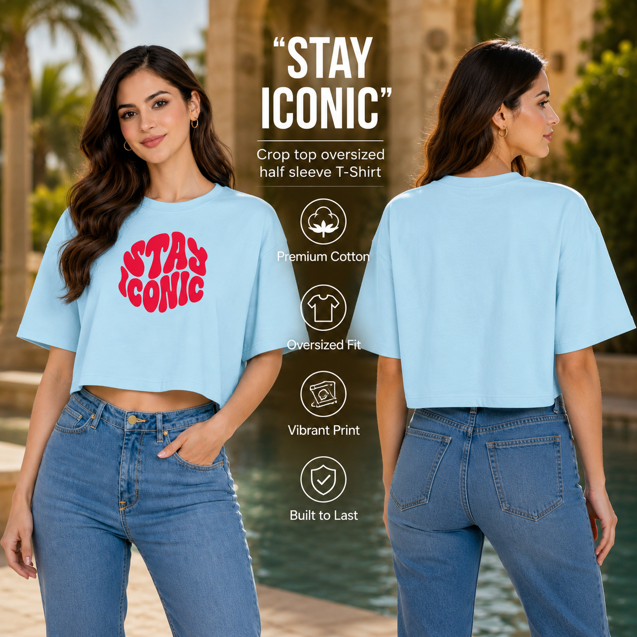 Women’s Oversized Half Sleeve Crop Top - Stay Iconic (220 GSM Interlock Fabric)