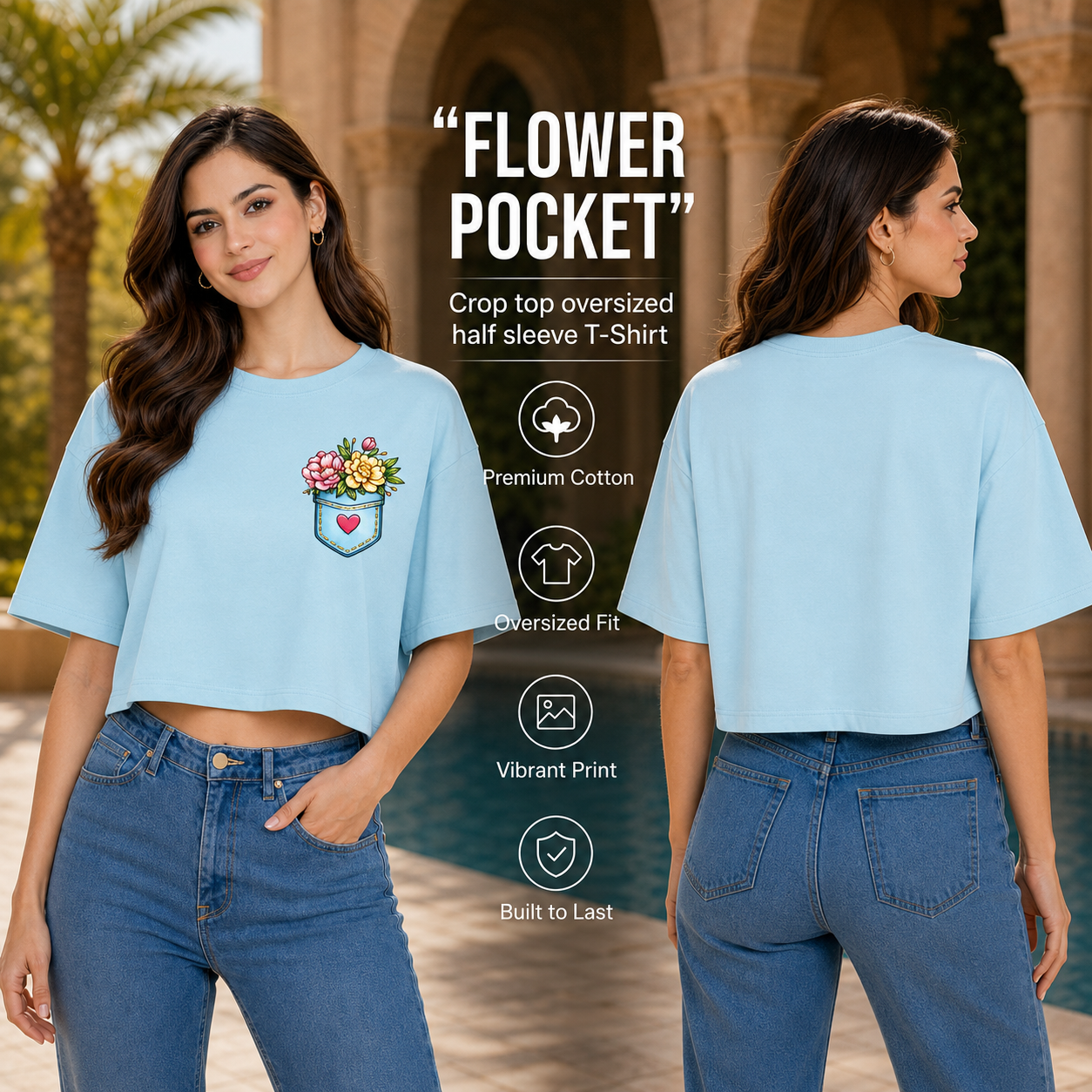 Women’s Oversized Half Sleeve Crop Top - Flower Pocket (220 GSM Interlock Fabric)