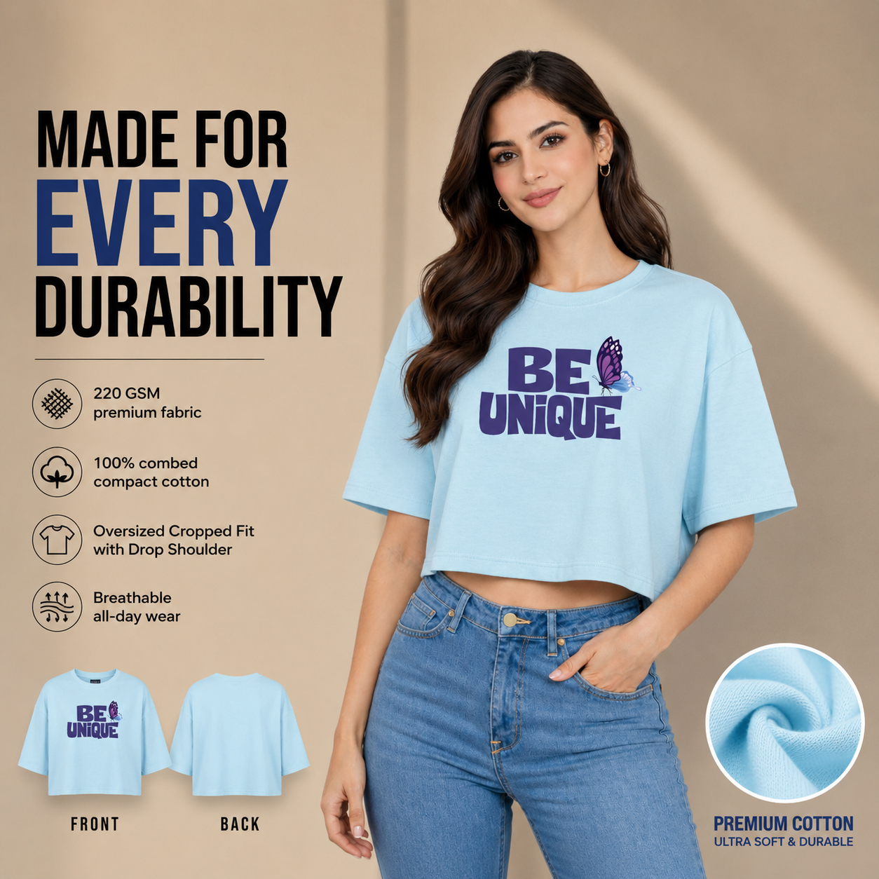 Women’s Oversized Half Sleeve Crop Top - Be Unique (220 GSM Interlock Fabric)