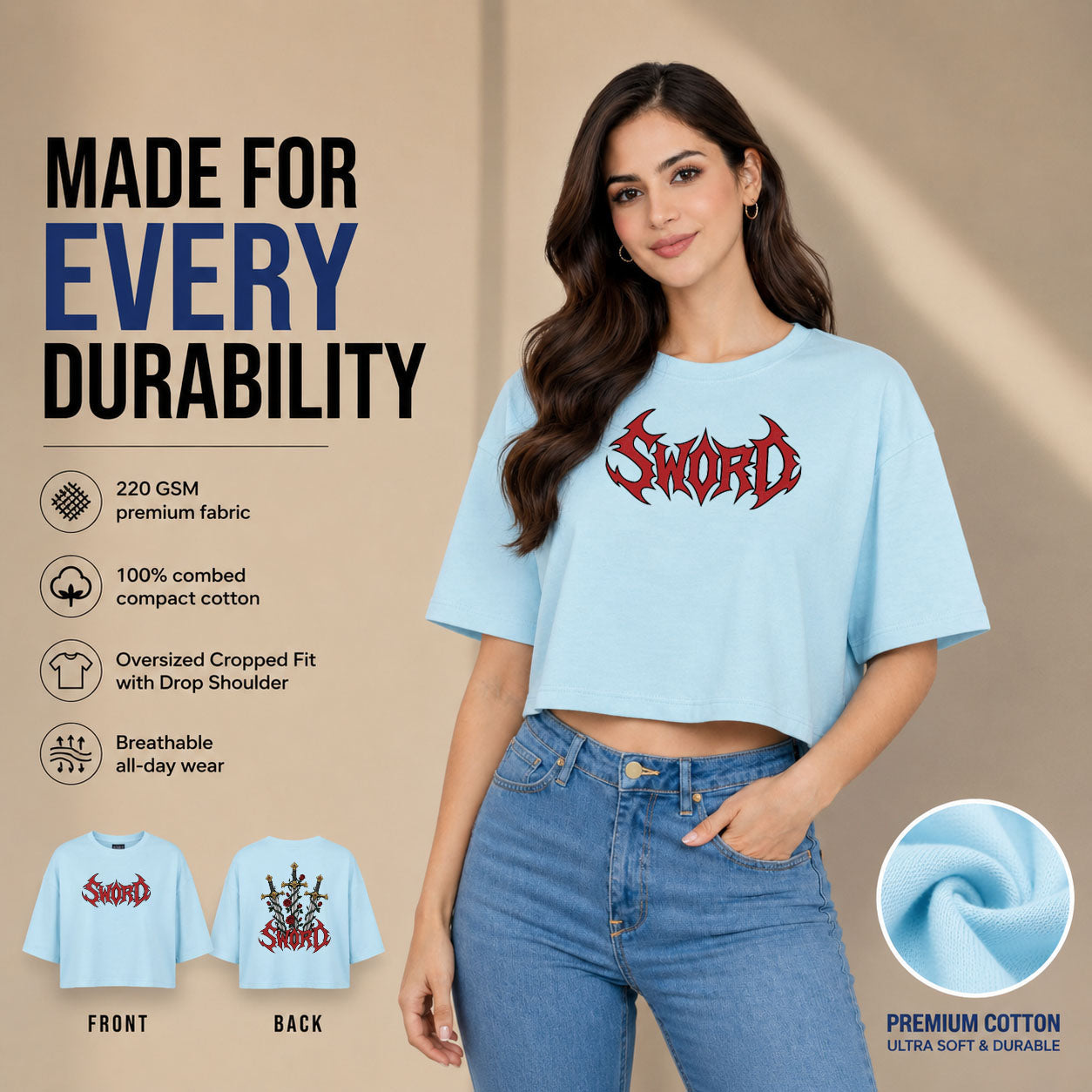 Women’s Oversized Half Sleeve Crop Top - 220 GSM