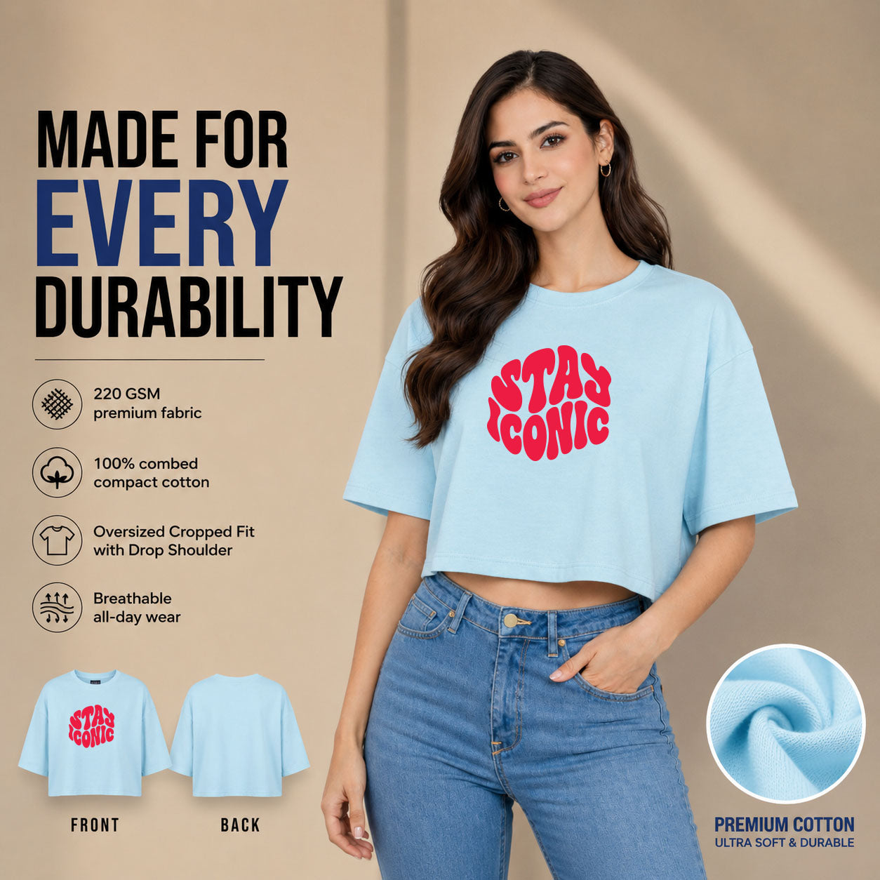 Women’s Oversized Half Sleeve Crop Top - Stay Iconic (220 GSM Interlock Fabric)