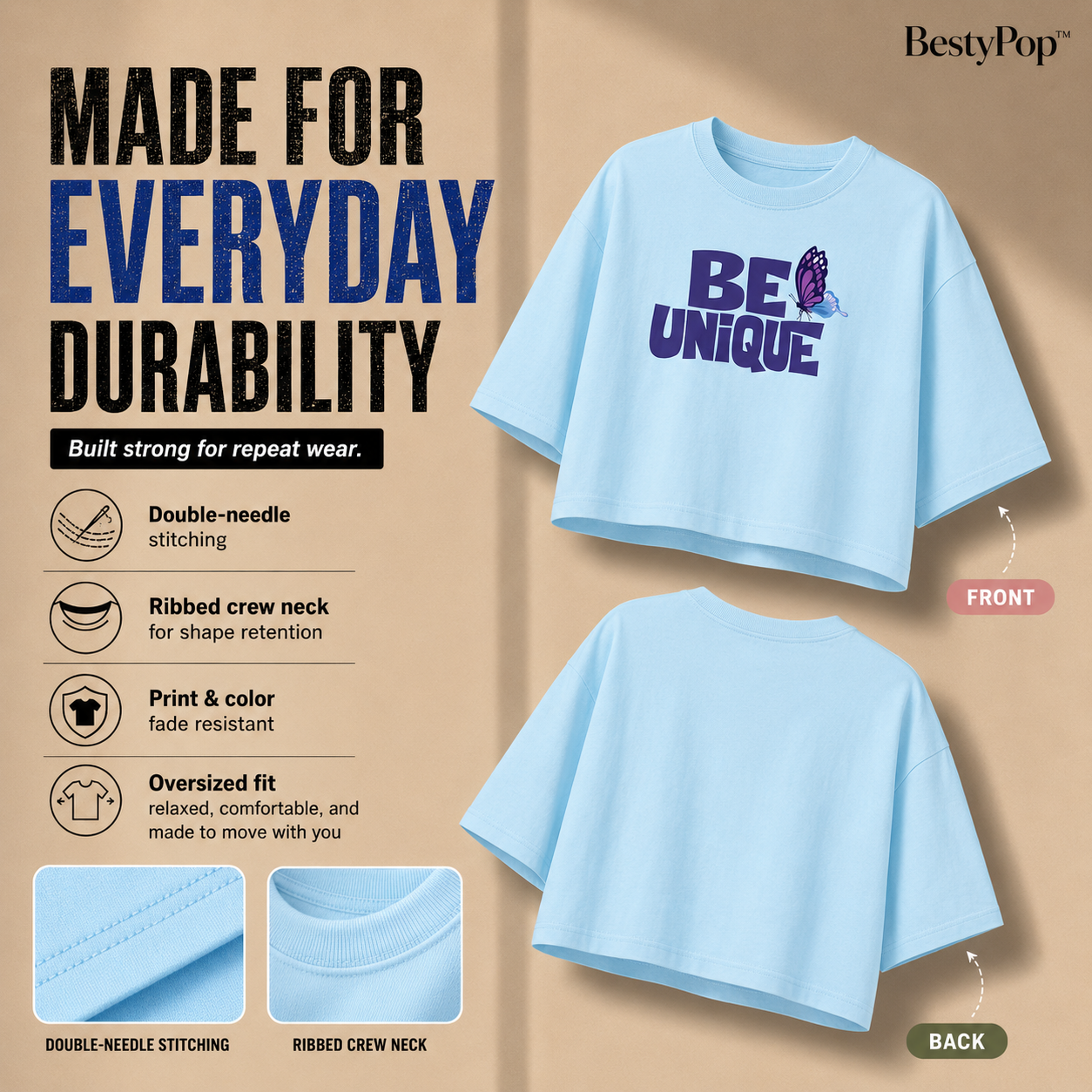 Women’s Oversized Half Sleeve Crop Top - Be Unique (220 GSM Interlock Fabric)