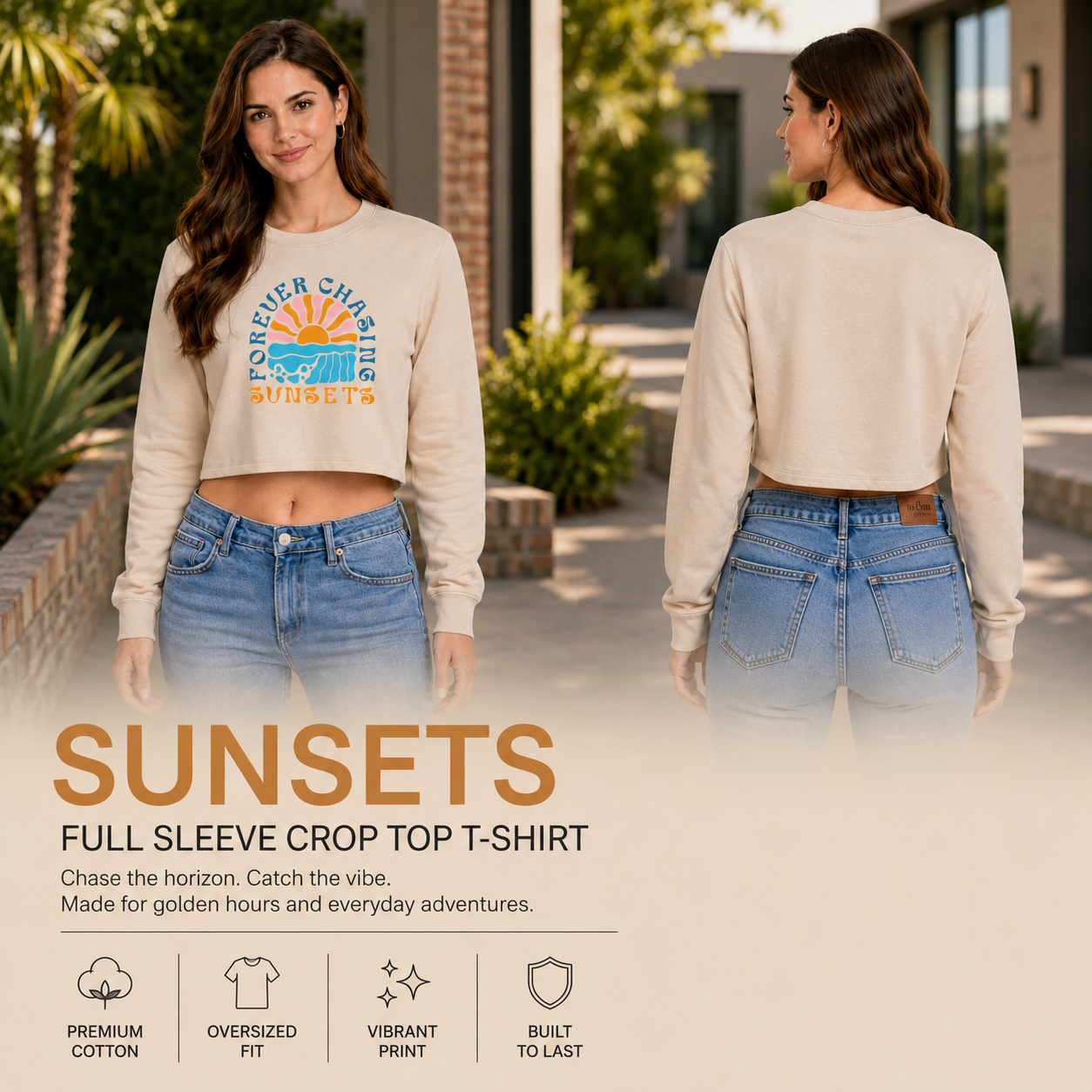 Women’s Oversized full Sleeve Crop Top - Sunsets (270 GSM French Terry)