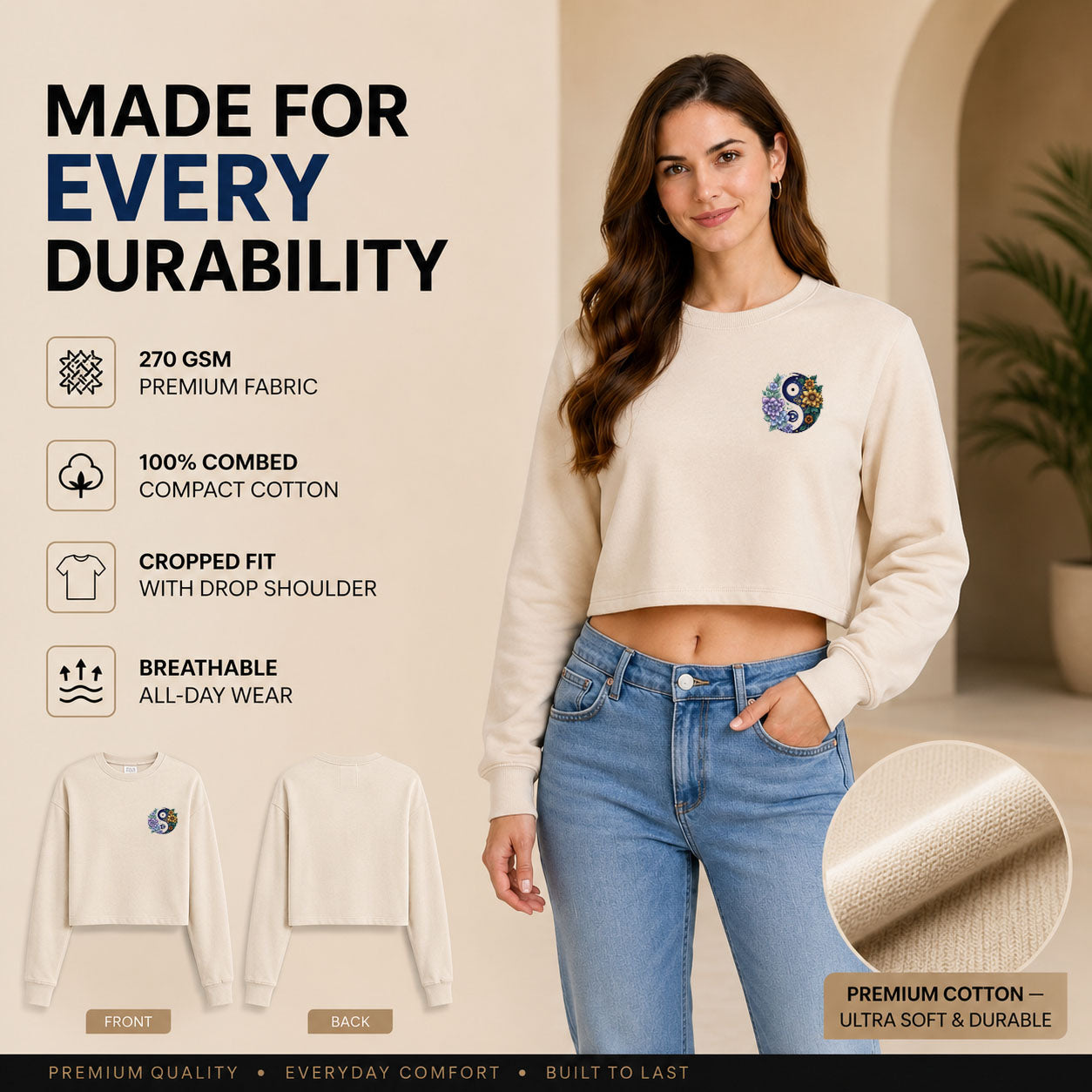 Women’s Oversized full Sleeve Crop Top - yin yang (270 GSM French Terry)