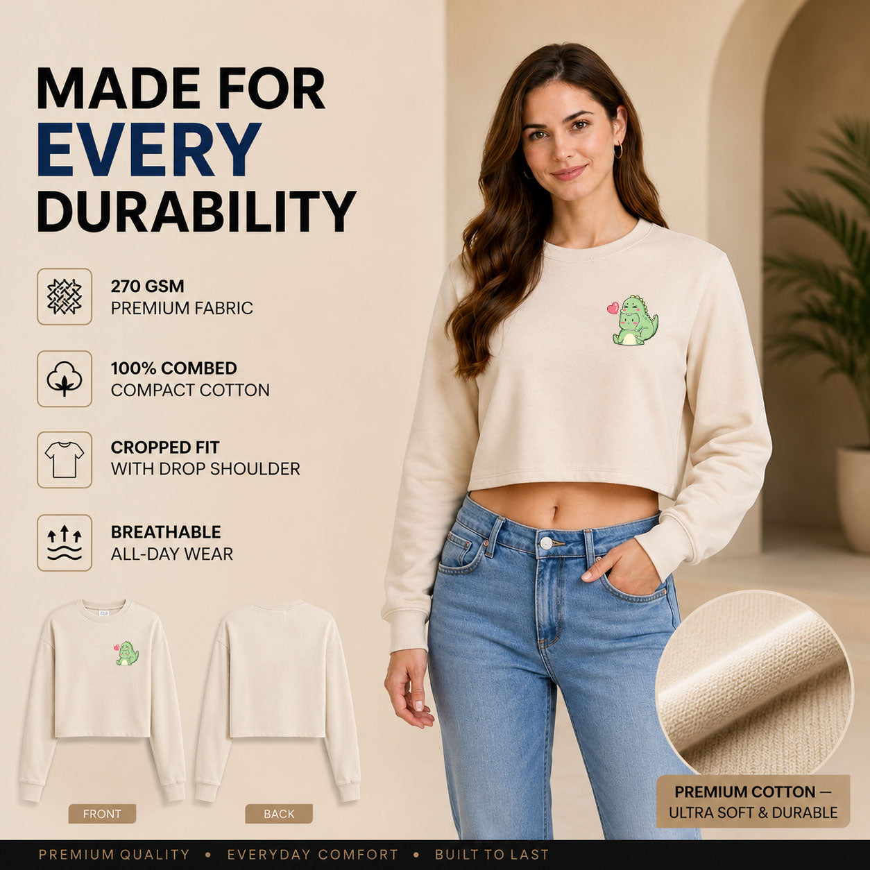 Women’s Oversized full Sleeve Crop Top - Dino (270 GSM French Terry)