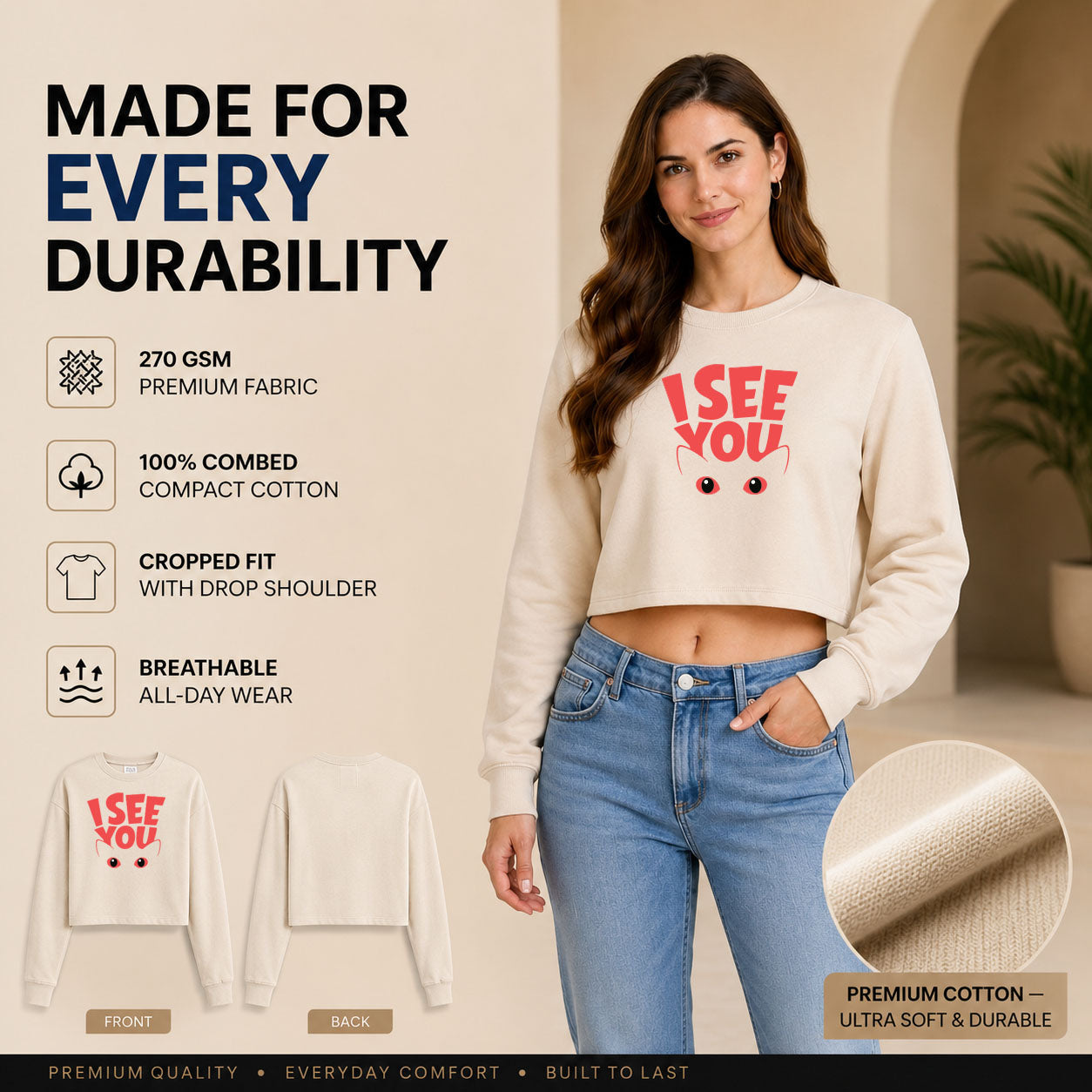 Women’s Oversized full Sleeve Crop Top - I see you (270 GSM French Terry)