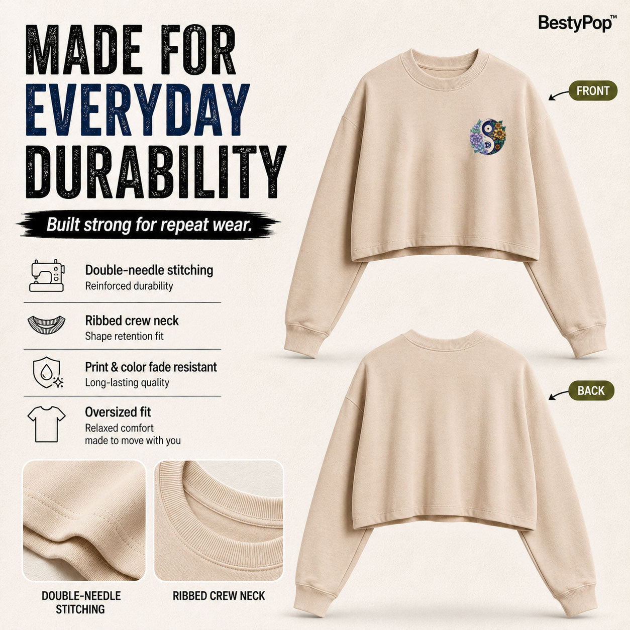 Women’s Oversized full Sleeve Crop Top - yin yang (270 GSM French Terry)