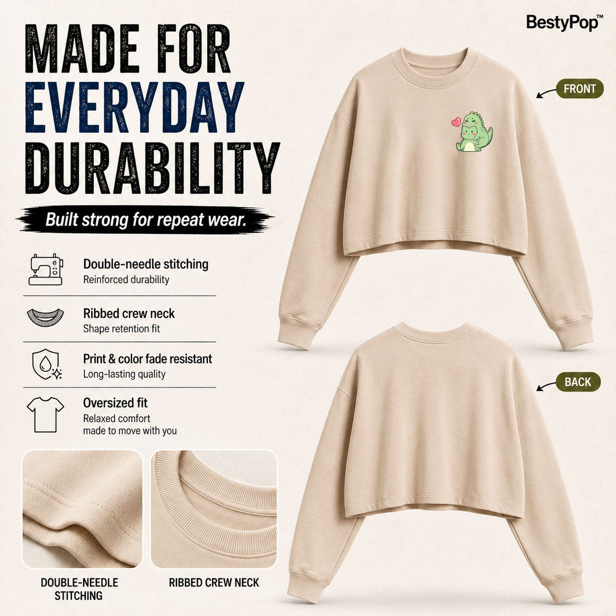 Women’s Oversized full Sleeve Crop Top - Dino (270 GSM French Terry)