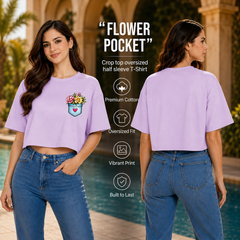 Women’s Oversized Half Sleeve Crop Top - Flower Pocket (220 GSM Interlock Fabric)